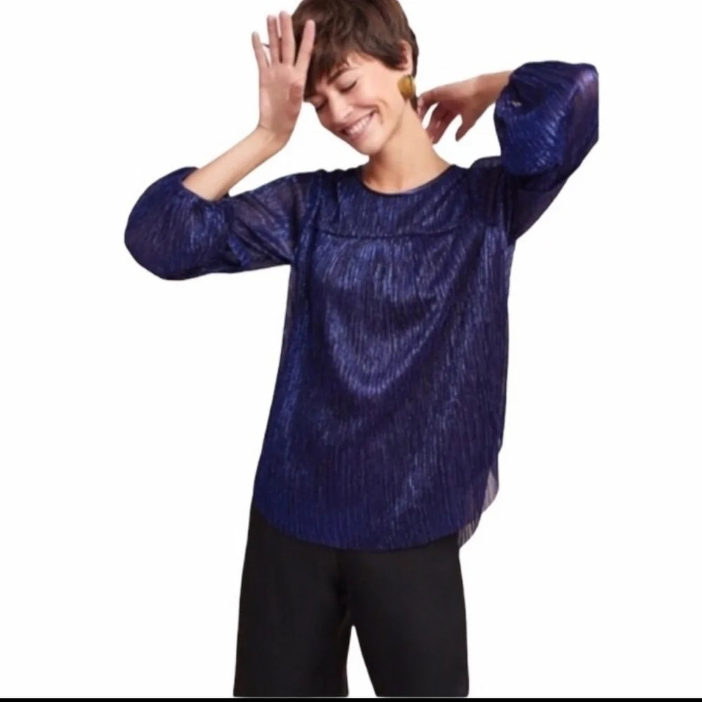 Moulinette Soeurs Anthropologie Long Balloon Sleeve Lined Top Blue Sz‎ S Party
